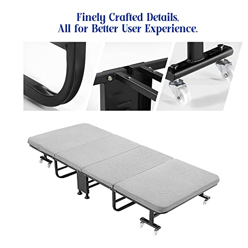 Gurlleu Rollaway Bed, Portable Folding Bed With Soft Mattress – Heavy Duty Bed Frame With Silent Wheels, Foldable Guest Bed For Adults, 660 Lbs Load Capacity, Adjustable Bed Head, Gray #TOP5