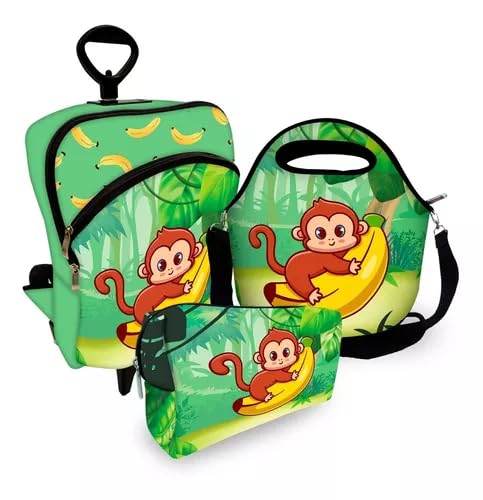 Kit Mochila Escolar Com Carrinho Rodinha + Lancheira+ Estojo Macaco Banana