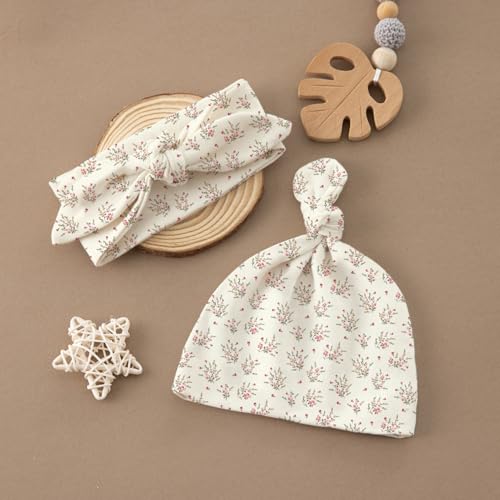 Image of Newborn Swaddle Set with Matching Hat and Headband Bow, Wooden Birth Announcement Card, Muslin Baby Swaddle Blankets for Girls, Wildflower Pattern