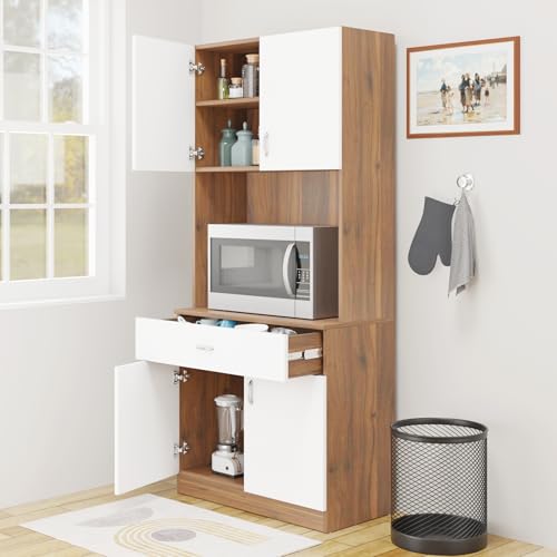 Image of VIKI Furniture | Kitchen Cabinet - Drawer with Doors & Open Shelves, Organizer for Kitchen, Bedroom, Hallway & Living Room (Brussel Walnut & Frosty White - 40D x 80W x 180H cm) | 1 Year Warranty