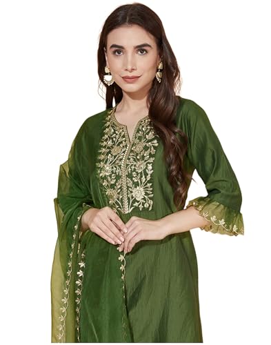 Image of SKYLEE Silk Blend Embroidery Straight Kurta Set with Dupatta
