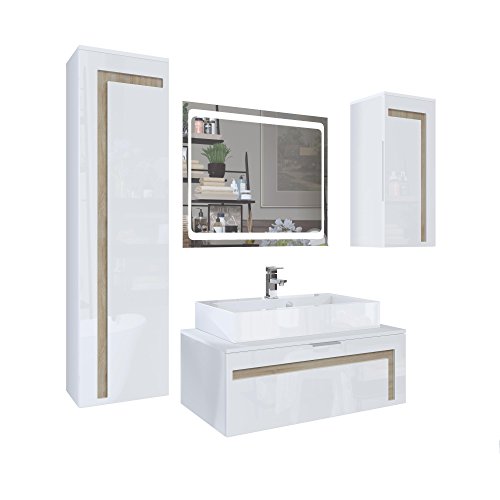 Vladon Ensemble de Meubles de Bains Aloha V2, Corps en Blanc Mat, Façades en Blanc Haute Brillance avec Un décor en Chêne Brut, avec Vasque à Poser et Miroir LED
