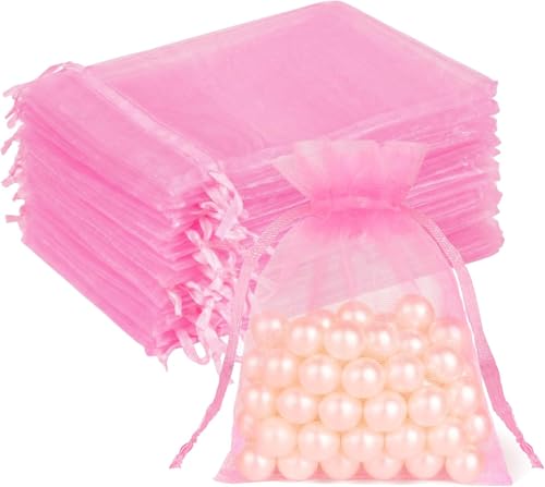 Image of Hopttreely 50 Pcs Pink Organza Bags 4x4.72 Inch, Sheer Mesh Gift Bags Bulk with Drawstring, Small Jewelry Candy Soap Makeup Sachet Pouches for Wedding Baby Shower Birthday Party Favors