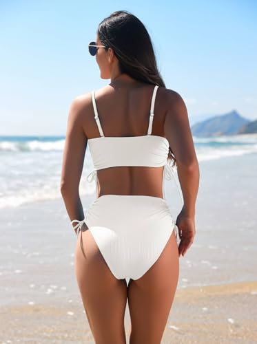 Pink Queen Women's 2 Piece High Waisted Bikini Sets Ribbed Bandeau Ruched Drawstring Swimsuit Bathing Suit4