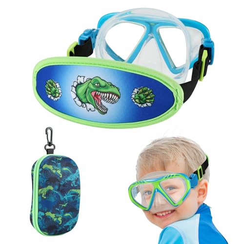 Toddler Swim Goggles Nose Cover Kids Goggles No Hair Pull Anti Fog Children Swimming Mask (1PK - Green Dino)