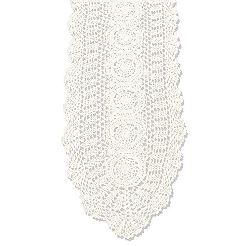 KEPSWET 100% Cotton Handmade Crochet Lace Oval Table Runner Beige 12x36 Inch
