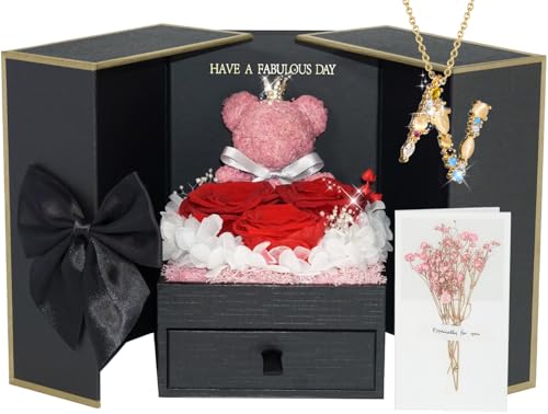 ADDWel Preserved Rose Gifts for Her Girlfriend - Eternal Rose Gifts for Women Mom Wife Sister on Birthday Anniversary, Unique Forever Preserved Rose Box with Personalized Initial Letter Necklace N