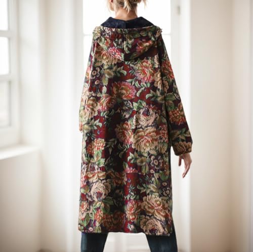 Akivide Womens Floral Print Drawstring Hooded Button Down Long Trench Jacket Oversize Vintage Warm Casual Coats with Pockets3