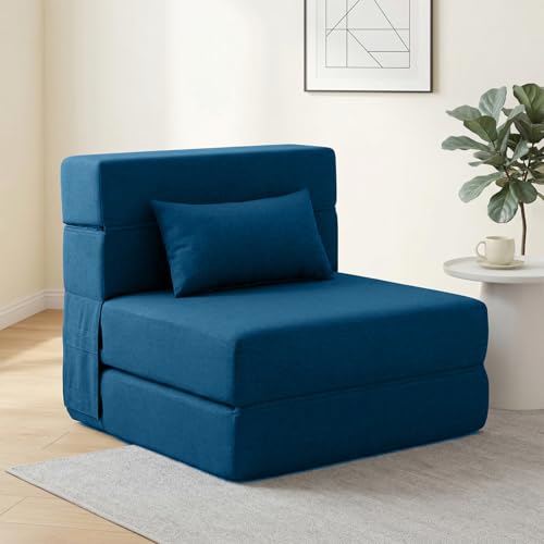 Sofá-cama Suyols dobrável com travesseiros, poltrona conversível em sofá e colchão, com espuma viscoelástica para sala/dormitório/quarto/escritório/apartamento/mezanino, solteiro 28, azul-marinho