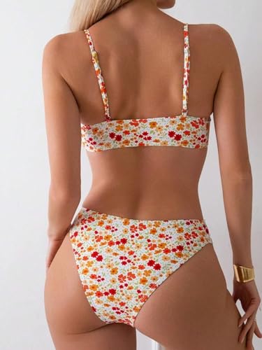 Women's Floral Print Bathing Suit Lace Trim Split Spaghetti Strap Summer Swimsuit Bikini Set2