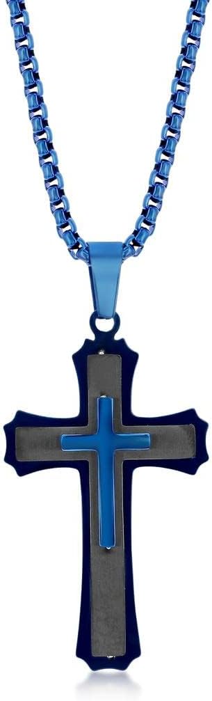 Men’s 3D Cross Pedant Necklace | Black & Blue/Gold & Silver Stainless Steel 24” Round Box Chain Necklace | Religious Jewelry for First Communion, Baptism, or Confirmation