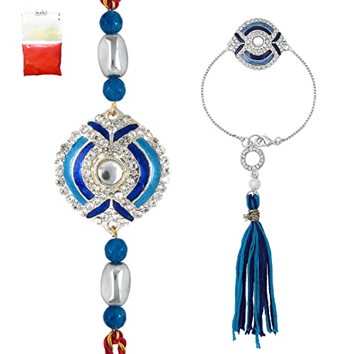 Image of Mahi Bhaiya Bhabhi Rakhi Set with Crystals and Meenakari Work Bracelet Style Lumba - Rakhi for Brother and Bhabhi(PARCOL1105339PR)