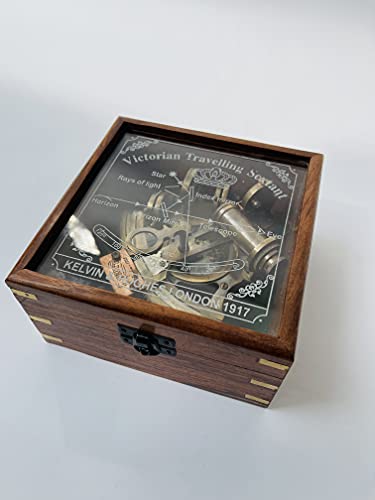 Image of Malla Inc. Nautical 5 inch Brass Working Navigational Sextant with Compass in Hardwood Box - Marine Sextant