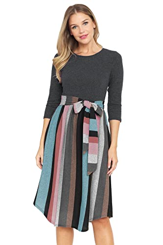 Image of Eloges Women's 3 /4 Sleeve Contrast Waist Band Floral Curved Hem Midi Dress