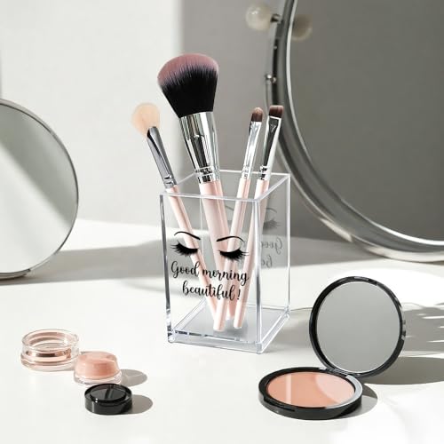 Image of Good Morning Beautiful Acrylic Makeup Brush Organizer Holder, Positive Affirmation Desk Acrylic Brushes Storage, Make Up Artist Gifts, Morning Affirmation Gifts for Women Wife Mom Makeup Lover