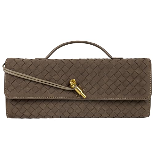 Gewebte Geldbörse für Damen, Abendtasche, Clutch, gewebtes Leder, Umhängetasche, formelle Abendtasche, Kaffeefarbenes gewebtes Wildleder