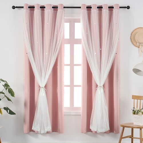 Image of Light Pink Curtains Blackout for Girls Bedroom - Aesthetic Star Cutout Double Layer with White Sheer Overlay, 63 Inch Length 1 Panel Cute Curtain Baby Nursery Toddler Room Decor Drapes