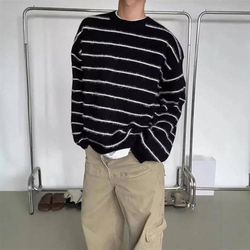 Men's Japanese Vintage Stripe Round Neck Knit Pullover Long Sleeve Full Length Loose Fit Casual Sweater2