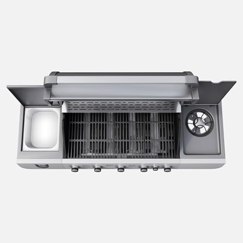 BBQ CHIEF Vision Gasgrill - 5 Brenner Edelstahl, 15 kW, Seitenbrenner, 2,5 kW, Gussrost, Warmhalterrost, Deckel, Thermometer, Rollen - Grill, Grillwagen, Grillstation, Camping,... – Bild 7
