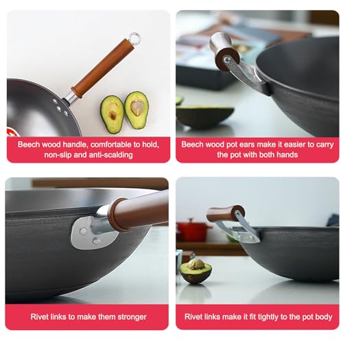 Wok de hierro fundido sin recubrimiento con tapa de madera 30 cm miniatura 7