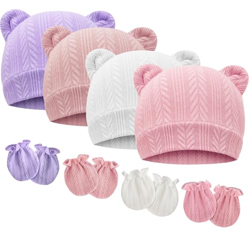 Image of BQUBO Newborn Baby Hats Bear Ears and Mittens Sets Preemie Caps Baby Boy Girl Infant Hospital Beanie for 0-3 Months