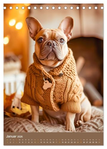 Frenchie Couture - Französische Bulldoggen in Strick-Chic (Tischkalender 2026 DIN A5 hoch), CALVENDO Monatskalender: Französische Bulldoggen in lustigen Hundestricksachen (CALVENDO Tiere)