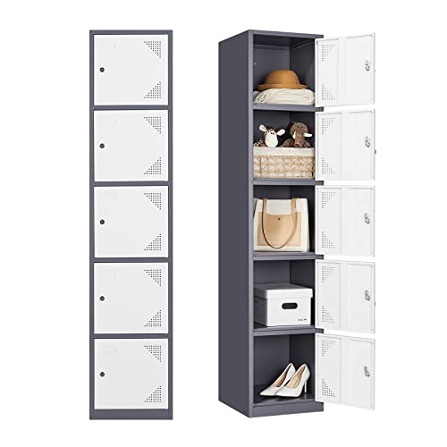 Miiiko Office Storage Lockers For Employees, 5 Tier Metal Locker With Lock And Keys, 71'' Slim Metal Storage Cabinet With 5 Doors For School, Gym, Dormitory, Chaning Room, Grey + White #TOP14