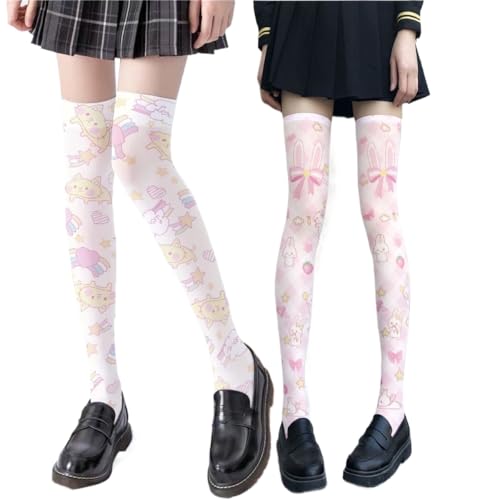 2 Pairs Premium Cat Rabbit Kawaii Lolita Cute Tights for Women with Designs Sheer Knee-high Stockings Pantyhose