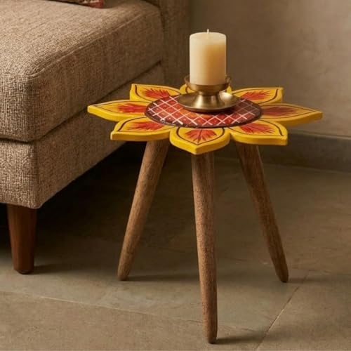 Image of Beautiful Antique Wooden Fold-able Side Table /End Table /Plant Stand /Stool Living Room Kids Play Furniture Table Round Sunflower Shape
