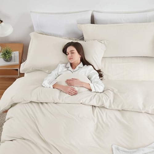Image of Hearth & Harbor Off White Duvet Cover with Fitted Sheet Queen Size | 4 Piece Soft Double Brushed Bedding Set, Button Closure, 1 Duvet Cover 90x90 Inches, 1 Fitted Sheet, 2 Pillow Shams