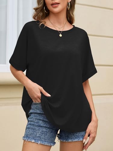 UNCLECAT Womens Oversized Round Neck Shirts Summer Casual Loose Tops 2026 Short Sleeve Workout T-Shirts Black — view 2