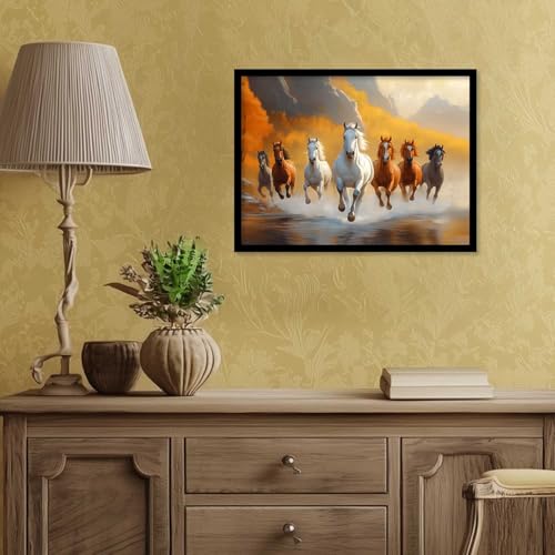 Image of HOTHOUSE Seven Running Vastu Lucky Horse and Rising Sun Painting | 7 Horses Vastu Frame Wall Art Painting for Living Room Bedroom Office Home Decor Wall Decor Size (13X17 inch)