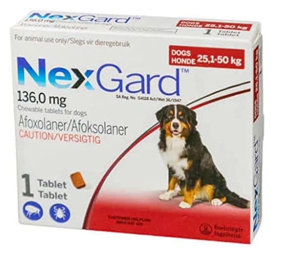 Image of Nexgard Chewable Tablet | Kill Ticks | Fleas | Lice | 136mg | 25-50 kg Body Weight (Pack of 3 Tablets) by Abjinder & Daughters