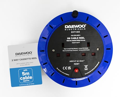 Carrete de extensión de 5 metros Daewoo enrollador de cable con 2 tomas 2