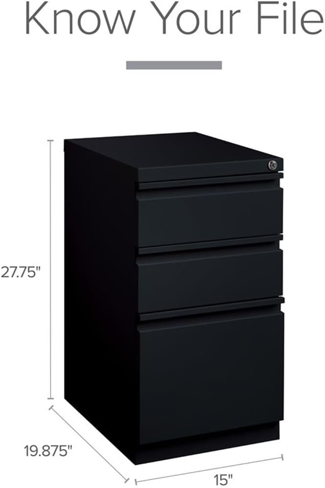 Hirsh HL10000 Series 27.75"H x 20"D Metal Mobile Pedestal File Cabinet with 3-Drawer Box/Box/File Drawer, Hidden Casters, Counterweights, Core-Removable Lock, Pre-Assembled, Commercial Grade in Black