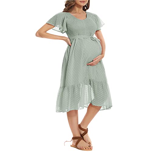 Boho Flutter Short Sleeve V-Neck Maternity Midi Dress For Baby Shower/Photoshoot/Holiday，Swiss Dot Maternity Dress Green #TOP6