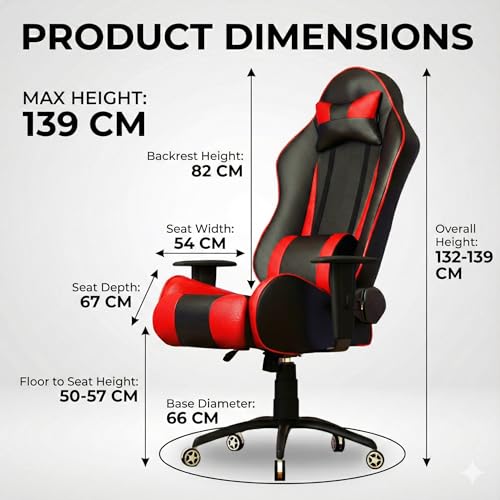 Image of ASE GAMING Gold Series Ergonomic Gaming Chair with Footrest Premium PU Leather, Adjustable Neck & Lumbar Pillow, 180 Degree Recline with Black Metal Base with 3 Years Warranty (Red)