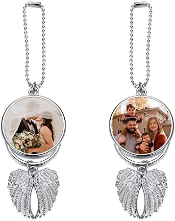 ZUYUSO Custom Photo Car View Personalized Full Color Picture Car Mirror Hanging Accessories Pendant Angel Wings Car Mirror Ornament Charm for Men Women, Sliver