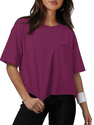 Image of ATHMILE Womens Crop Tops Workout Shirts Gym Oversized Spring Summer Basic Tees Short Sleeve Casual Loose Drop Shoulder 2026