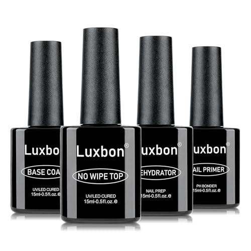 Luxbon 4 pcs 15ml No Wipe Top Coat et Base Coat Set Nail Primer Dehydrator Set - longue durée, finition brillante, UV LED Soak Off Gel Base Top Coat Manucure