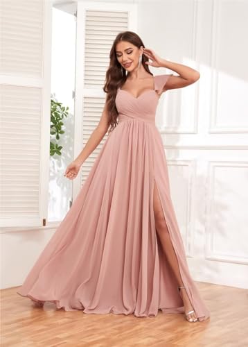 VCCICANY Ruffle Chiffon Bridesmaid Dresses with Slit Pleated Prom Dress with Pockets Evening Formal Gown4