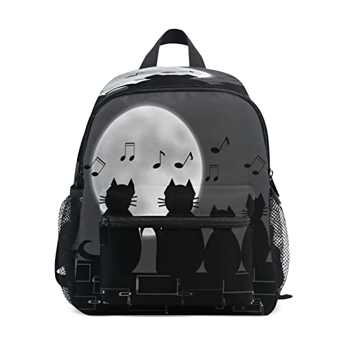 Mochila infantil con diseño de gato con notas musicales, luna, para niñas y niños, pequeña bolsa de hombro escolar con etiquetas de nombre, bolsa de libros para estudiantes preescolares, bolsa de