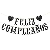 RoadSea Feliz Cumpleaños Banner - Boy Girl Kid Adult Spanish Happy Birthday Party Garland Supplies - Fiesta Birthday Anniversary Party Decorations - Black Glitter