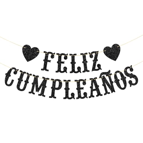 RoadSea Feliz Cumpleaños Banner - Boy Girl Kid Adult Spanish Happy Birthday Party Garland Supplies - Fiesta Birthday Anniversary Party Decorations - Black Glitter