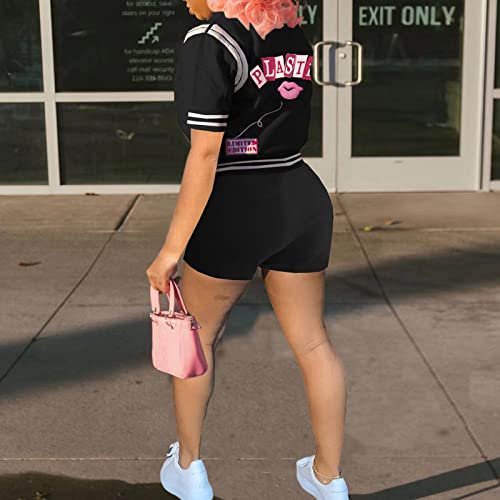 Pinkpatty Women's Print Patchwork Buckle Sweatsuit 2 Pieces Varsity Outfit Bomber Jackets Short Pants Sets Streetwear #TOP4
