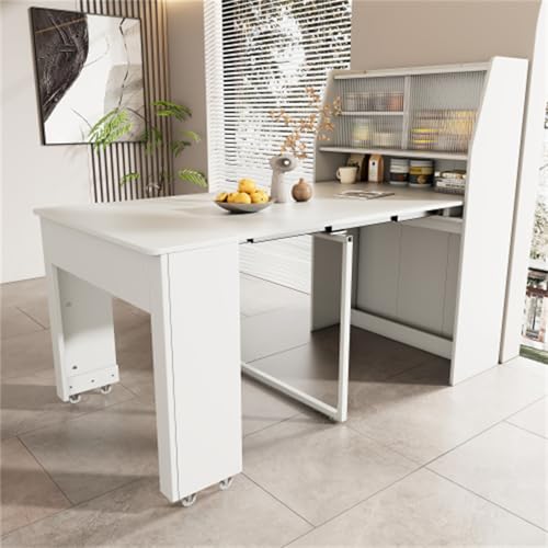 Mesa de comedor rectangular extensible con ruedas, mesa auxiliar multifuncional blanca con compartimentos de almacenamiento, perfecta para uso familiar en sala de estar y comedor.