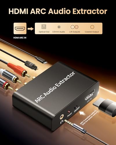 Image of HDMI ARC Audio Extractor 192KHz with Power Adapter, HDMI ARC Adapter to Optical TOSLINK SPDIF, Coaxial, RCA L /R & 3.5mm Stereo Audio Converter Splitter for HDTV, Soundbar, Amplifier