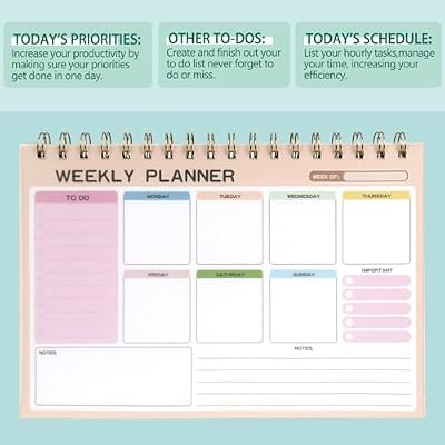Toplive Weekly Planner Desk Notepad, 52 Sheets Undated To Do List Planning Notebook with Spiral Bound, 6.5 x 9.5 in Desk Weekly Agenda for Work School Office Home, Pink