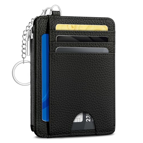 Image of Black Minimalist Credit Card Holder Small Wallet Women, Business Slim RFID | Keychain, Zipper Coin Pocket, Front Pocket Thin Travel Card Case, Minimalist, 6 Card Slots, 1 ID Window, Ladies Gifts Woman