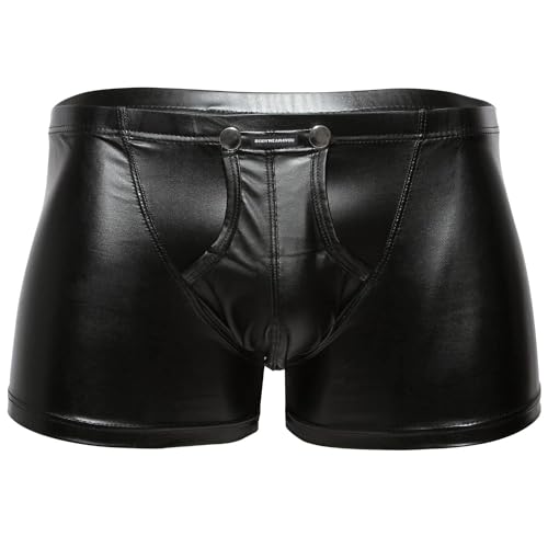 Herren Boxershorts Leder Optik Vinyl Wetlook sexy Unterwäsche, Reizwäsche für Männer, Clubwear Shorts Pants Front Pouch mit Druckknöpfe Schwarz Latex ähnlich (XXL)